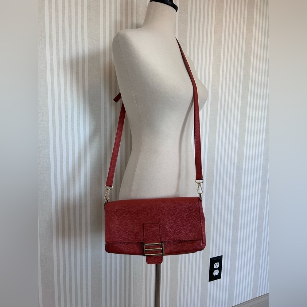 Divina Firenze Italy 100% Pebbled Lea Crossbody Bag Coral Orange Italian Flap - Picture 2 of 10